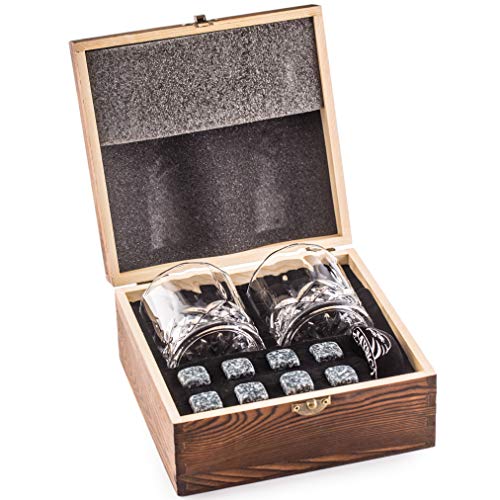 Product Cover Impressive Whiskey Stones Gift Set with 2 Glasses - Be Different When Choosing a Gift - Luxury Handmade Box with 8 Granite Whisky Rocks & Velvet Bag - Ice Cubes Reusable - Best Man Gift