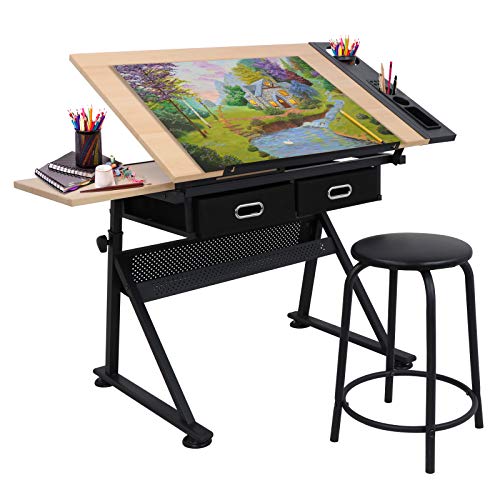 Product Cover Adjustable Height Drafting Desk Drawing Table Tiltable Tabletop for for Reading, Writing Art Craft w/Stool and Drawers (#1)