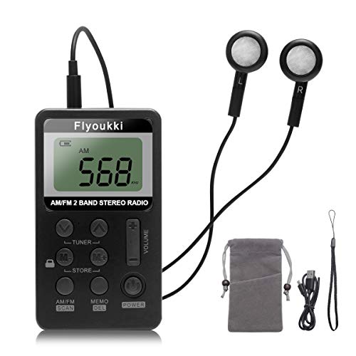 Product Cover Pocket Small Radio by Flyoukki, Personal Mini AM FM Portable Digital Tuning Transistor Radios with Best Reception, Earphones, Lanyard and Rechargeable Battery for Walking Jogging Exercising (Black)