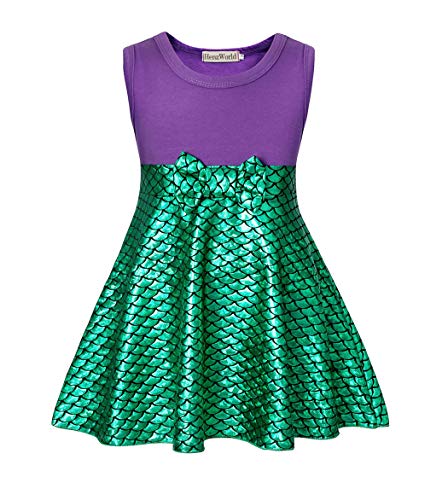 Product Cover HenzWorld Princess Mermaid Costume Dress Fish Scale Mini Skirt Birthday Party Cosplay Holiday Tank Tops Bowknot Patchwork Purple Green Outfits Little Girls 5-6 Years