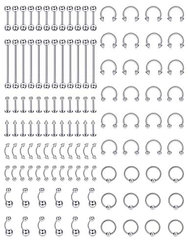 Product Cover Jstyle 60-120Pcs Body Jewelry Piercing Lot Stainless Steel Nose Horseshoe Lip Tongue Eyebrow Tragus Body Piercing Navel Belly Ring Barbells 14G-16G