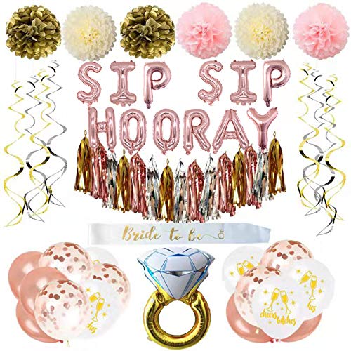 Product Cover Bachelorette Party Decorations Bridal Shower Supplies Bride to be kit - Banner,Sash,Foil Tassels,Engagement Ring Balloon,Pom Poms Flowers, Balloons,Swirl