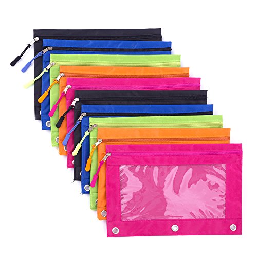 Product Cover Binder Pencil Pouch with Zipper Pulls, Pencil Case with Rivet Enforced 3 Ring, 10 Pack 5 Colors