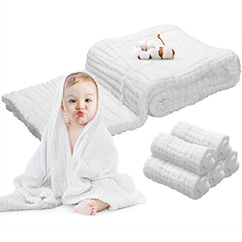 Product Cover Baby Towels Muslin Washcloths Set - 5 Washcloths & 1 Large Baby Blanket Bath Towel of 6 Layers 100% Medical Grade Cotton Gauze, Super Soft, Water Absorbent, 6 PCS