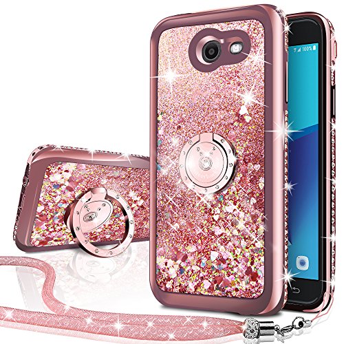 Product Cover Galaxy J7 Perx Case,Galaxy J7 Prime/J7 V/J7 Sky Pro/Halo Case, Silverback Girls Moving Liquid Holographic Sparkle Glitter Case with Ring, Bling Diamond Rhinestone Case for Samsung Galaxy J7V 2017 -RD