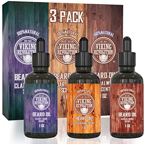 Product Cover Beard Oil Conditioner 3 Pack - All Natural Variety Gift Set - Sandalwood, Pine & Cedar, Clary Sage Conditioning and Moisturizing for a Healthy Beards, Great Gift Item by Viking Revolution