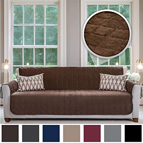 Product Cover Gorilla Grip Original Velvet Slip Resistant X-Large Oversized Sofa Protector for Seat Width up to 78 Inch, Furniture Slipcover, 2 Inch Straps, Couch Slip Cover Throw for Pet Dogs, Sofa, Chocolate