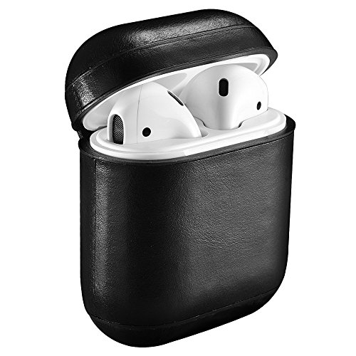 Product Cover AirPods Leather Case,ICARER Genuine Leather Protective Shockproof Cover for Apple AirPods 1 Case, Airpods 2 Case Support Wireless Charging (Front LED is not Visible) (Black)