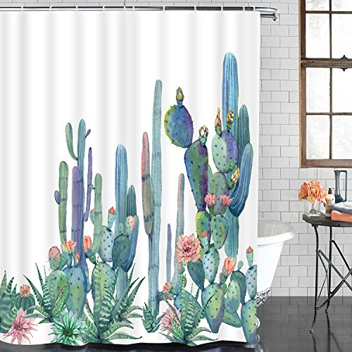 Product Cover BLEUM CADE Smurfs Yingda Bathroom Shower Curtain Tropical Cactus Shower Curtains with 12 Hooks, Cactus Flowers Blossom Bath Curtain Durable Waterproof Fabric Bathroom Curtain (Cactus, 70 × 69 inches)