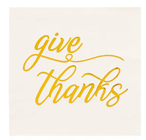 Product Cover Cocktail Napkins - 50-Pack Disposable Paper Napkins, Autumn Thanksgiving Dinner Party Supplies, 3-Ply, Give Thanks in Metallic Gold Foil, White, Unfolded 10 x 10 Inches, Folded 5 x 5 Inches