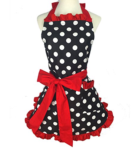 Product Cover Retro Apron for Women Super Cute and Funny Bowknot with 2 Pockets Adjustable Cotton Polka Dot Delicate Hemline Black Red