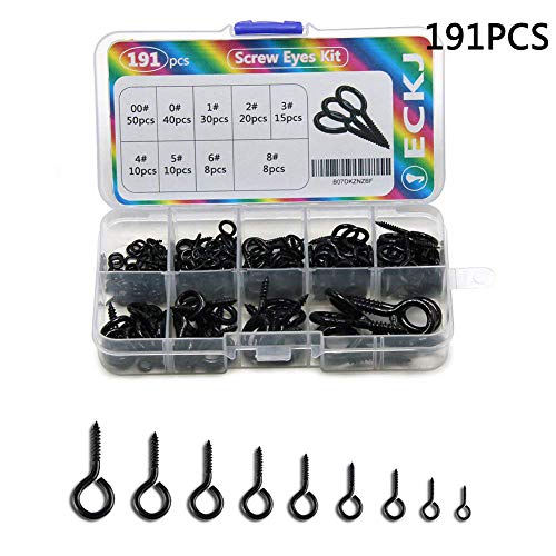 Product Cover ECKJ 191pcs Screw Eyes Zinc Plated Metal Eye Shape Screw Self Tapping Screws Includes 9 Sizes Color Black