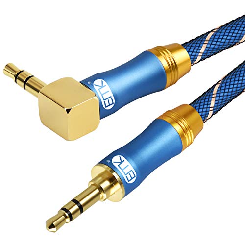 Product Cover 90 Degree Right Angle Aux Cable - [24K Gold-Plated,Sound Quality]EMK Audio Stereo Male to Male Cable for Laptop, Tablets, MP3 Players,Car/Home Aux Stereo, Speaker or More (2Ft/0.6Meters)