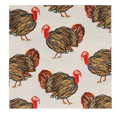 Product Cover Cocktail Napkins - 100-Pack Disposable Paper Napkins, Autumn Thanksgiving Dinner Party Supplies, 3-Ply, Turkey Design, White, Unfolded 10 x 10 Inches, Folded 5 x 5 Inches