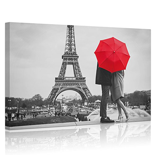 Product Cover Welmeco - Modern Canvas Wall Art Romance Paris Eiffel Tower Loving Couple Under Red Umbrella Landscape Picture Black and White Prints Home Office Bedroom Decoration Ready to Hang (24