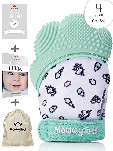 Product Cover MonkeyTots Teething Mitten for Babies | Exceptional Quality Baby Teething Toys | Comforting Mitten Teethers for Babies | Includes Teething Mitt, Travel Bag, Milestone Card & Teething eBook