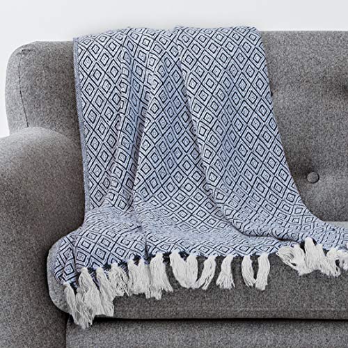 Product Cover Americanflat Omala Navy and White Double Diamond Cotton Blanket Throw with Fringe - 50x60 Inches
