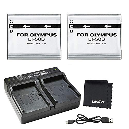 Product Cover UltraPro 2-Pack LI-50B High-Capacity Replacement Batteries w/Rapid Dual Charger for Select Olympus Cameras - UltraPro Bundle Includes: Deluxe Microfiber Cleaning Cloth