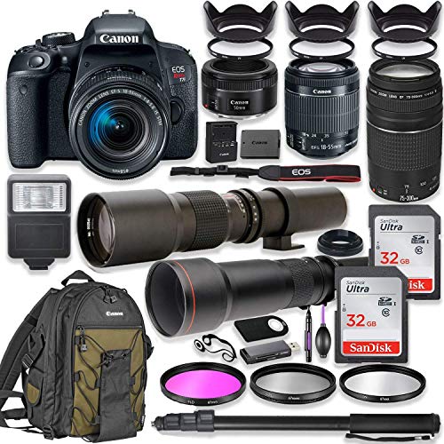 Product Cover Canon EOS Rebel T7i DSLR Camera with 18-55mm Lens Bundle + Canon EF 75-300mm III Lens, Canon 50mm f/1.8, 500mm Lens & 650-1300mm Lens + Canon Backpack + 64GB Memory + Monopod + Professional Bundle