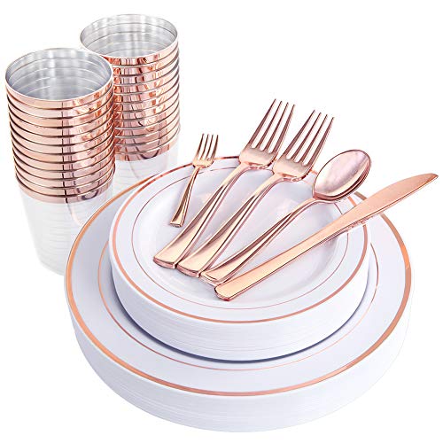 Product Cover WDF 25Guest Rose Gold Plastic Plates with Rose Gold Silverware,Rose Gold Cups-include 25 Dinner Plates, 25 Salad Plates, 50 Forks, 25 Knives, 25 Spoons &Plastic Cups/Bonus 25 Mini Forks