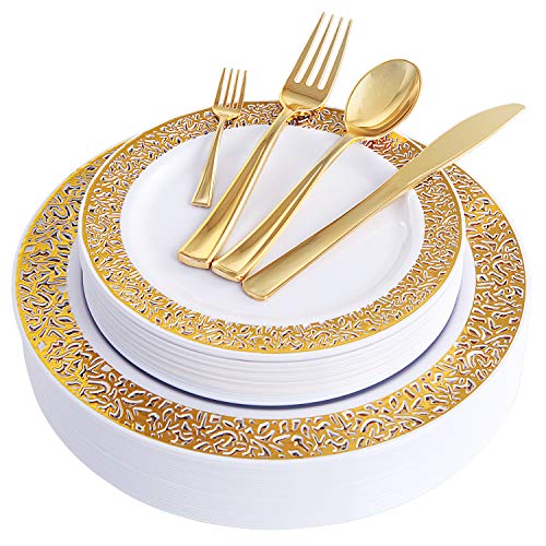 Product Cover WDF 150PCS Gold Plastic Plates with Disposable Plastic Silverware,Lace Design Plastic Tableware sets include 25 Dinner Plates,25 Salad Plates,25 Forks, 25 Knives, 25 Spoons/Bonus 25 Mini Forks