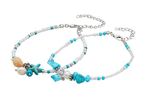 Product Cover Geerier Boho Starfish Pearl Anklet Turquoise Starfish Glass Shell Charm Handmade Sea Animal Ankle Bracelet Beach Foot Chain Jewelry 2pcs Pack