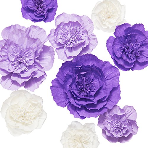 Product Cover Ling's moment Paper Flower Decorations Set of 9(12''-8'' Assorted), Large Crepe Paper Flowers, Handcrafted Purple & Cream Flowers for Wall, Wedding, Nursery, Bridal Shower, Photo Backdrop, Centerpiece