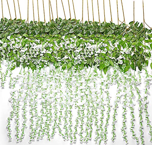 Product Cover TRvancat Artificial Wisteria Hanging Vine 12 Pack 3.6FT/pcs, Fake Silk Flowers in Natural Chain Garland for Wedding Ceremony Arch Party Home Garden Decor (White)