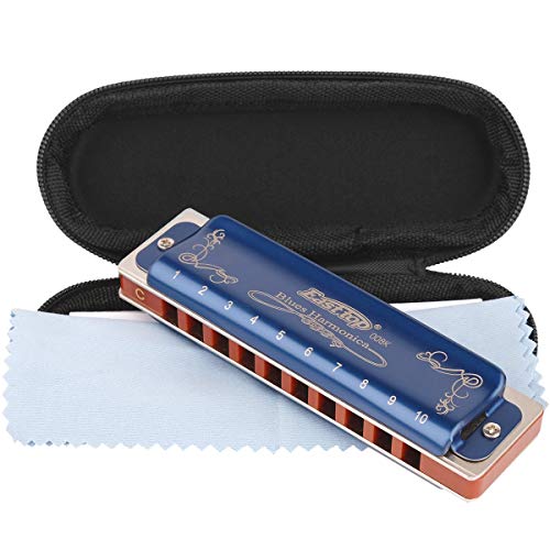 Product Cover Professional Harmonica Blues Key of C 10 Hole 20 Tone Heavy Duty with Case & Cleaning Cloth for Professional Player, Beginner, Students, Children, Kids,by Eison-East Top,Blue,Best Gift