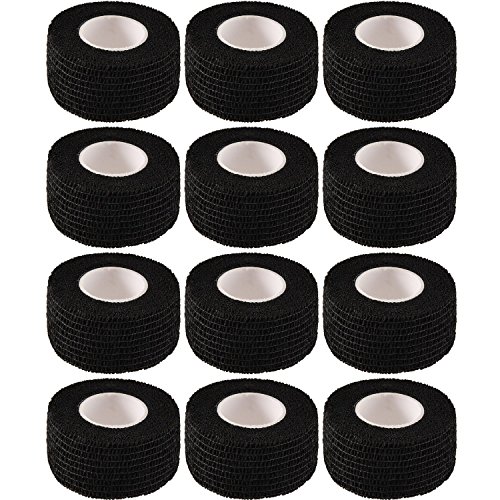 Product Cover Pangda 12 Pieces Adhesive Bandage Wrap Stretch Self-Adherent Tape for Sports, Wrist, Ankle, 5 Yards Each (1 Inch, Black)