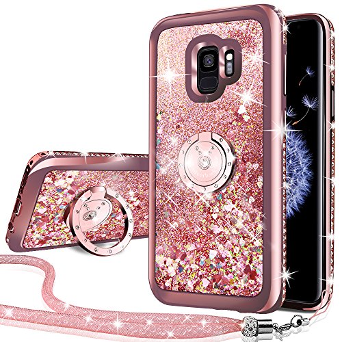 Product Cover Silverback Phone case Compatible with Samsung Galaxy S9, Girls Women Moving Liquid Holographic Sparkle Glitter Case with Kickstand, Bling Bumper W/Ring Slim for Samsung Galaxy S9 -Rose Gold
