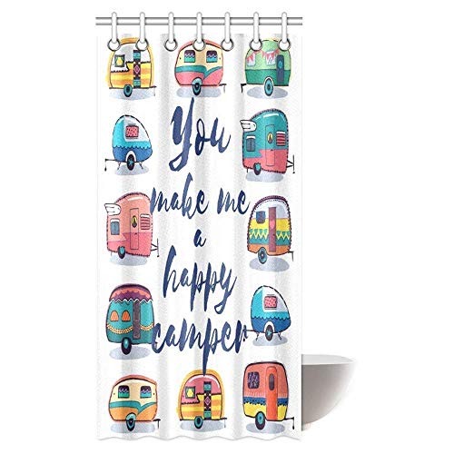 Product Cover Camper Shower Curtain Set You Make Me Happy Camper Motivational with Caravans Retro Style Travel Graphic Bath Curtain Waterproof Fabric Bathroom Decor with Hooks, 36 X 72 inch