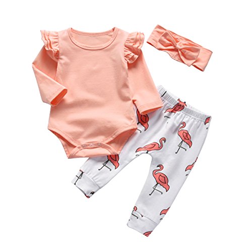 Product Cover Baby Girl Pink Ruffle Long Sleeve Bodysuit Tops Flamingo Pants and Headband 3Pcs Outfits Set (0-6 Months)
