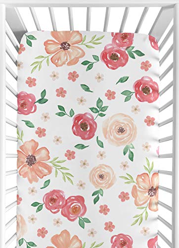 Product Cover Sweet Jojo Designs Peach and Green Baby or Toddler Fitted Crib Sheet for Watercolor Floral Collection - Pink Rose Flower