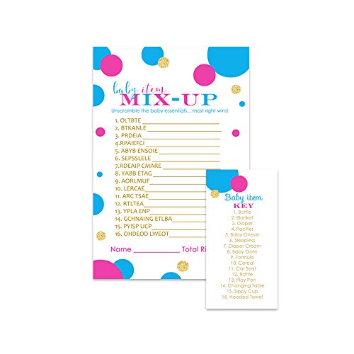 Product Cover Gender Reveal Party Games Baby Shower Word Scramble Cards (Set of 25) Team Pink or Blue