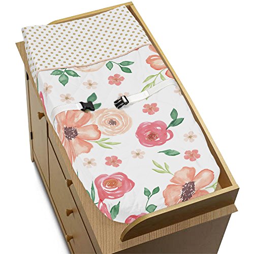 Product Cover Sweet Jojo Designs Peach, Green and Gold Changing Pad Cover for Watercolor Floral Collection - Pink Rose Flower