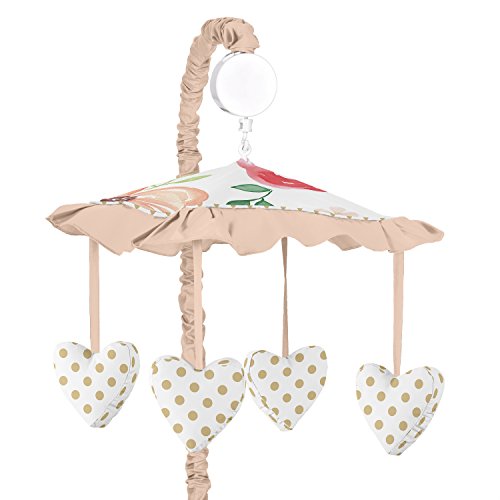 Product Cover Sweet Jojo Designs Peach, Green and Gold Musical Baby Crib Mobile for Watercolor Floral Collection - Pink Rose Flower