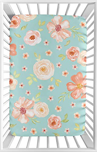 Product Cover Sweet Jojo Designs Turquoise and Peach Baby Girl Fitted Mini Portable Crib Sheet for Watercolor Floral Collection - Pink Rose Flower - for Mini Crib or Pack and Play ONLY