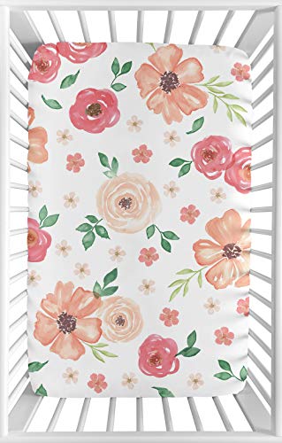 Product Cover Sweet Jojo Designs Peach and Green Baby Girl Fitted Mini Portable Crib Sheet for Watercolor Floral Collection - Pink Rose Flower - for Mini Crib or Pack and Play ONLY