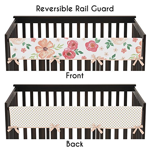 Product Cover Sweet Jojo Designs Peach, Green and Gold Long Front Crib Rail Guard Baby Teething Cover Protector Wrap for Watercolor Floral Collection - Pink Rose Flower Polka Dot
