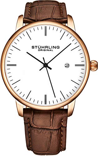 Product Cover Stuhrling Original Mens Watch Calfskin Leather Strap - Dress + Casual Design - Analog Watch Dial with Date, 3997Z Watches for Men Collection (Rose Gold White)