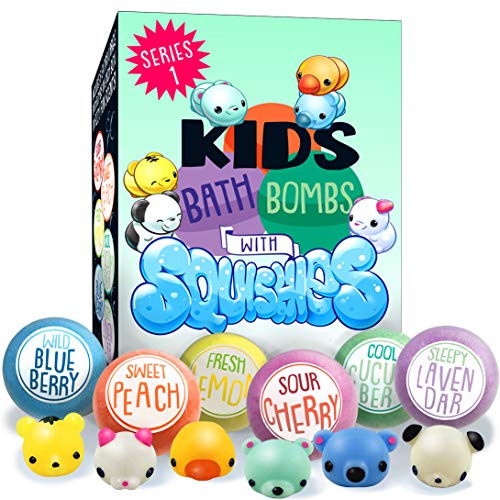 Product Cover Kids Bath Bombs with Surprise SQUISHY Toys inside, Series 1, Gift For Boys. Girls, Birthday, Holidays & Christmas, in a Gift Box, All Natural, Vegan, Handmade w Essential Oils, 6 XL Lush Color Fizzies