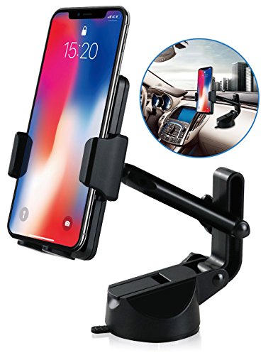 Product Cover Cell Phone Holder for Car, Car Phone Mount Windshield Long Arm Car Phone Mount with One Button Design and Anti-skid Base Car Holder for iPhone X/8/7/7P/6s/6P,Galaxy S9/S8,Huawei,Google,LG,iPad (Black)