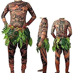 Product Cover Moana Maui Tattoo T Shirt/Pants Halloween Adult Mens Women Cosplay (Brown, L)