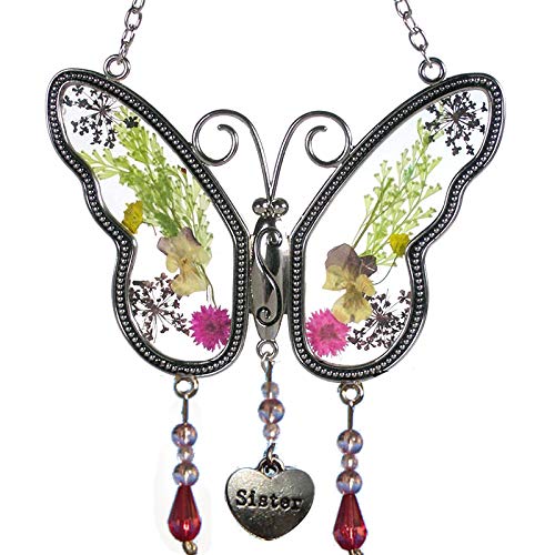 Product Cover Sister Butterfly Suncatchers Stained Glass Butterfly Sun catcher for windows with Pressed Flower Wings Embedded in Glass with Metal Trim Sister Heart Charm - Gifts for Sister -Sister for birthdays
