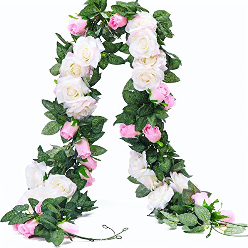 Product Cover PARTY JOY 6.5Ft Artificial Rose Vine Silk Flower Garland Hanging Baskets Plants Home Outdoor Wedding Arch Garden Wall Decor,Pack of 2 (White&Pink)
