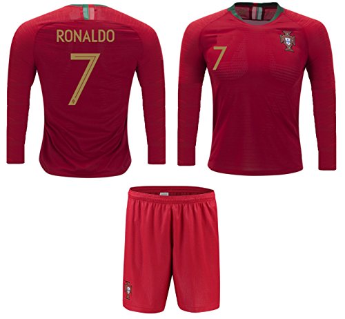Product Cover Portugal Cristiano Ronaldo #7 Soccer Jersey and Shorts Kids Youth Sizes Home Football World Cup Premium Gift (YL 10-13 Years, Home Long Sleeve)