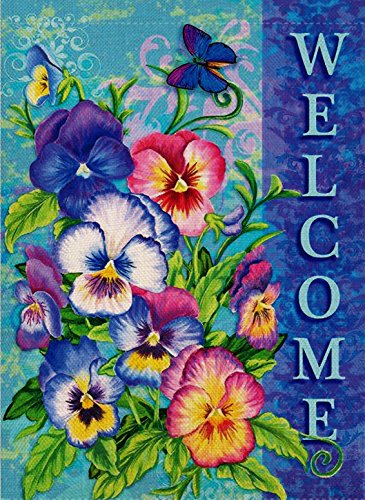 Product Cover Dyrenson Welcome Quote Garden Flag Double Sided Home Decorative, Pansies Flower House Yard Flag, Floral Garden Yard Decorations, Butterfly Seasonal Outdoor Flag 12 x 18 for Summer Spring