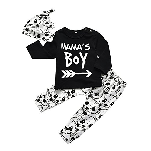 Product Cover Baby Boy 3Pcs Clothes Set Mama's Boy Long Sleeve T-Shirt Tops Cartoon Panda Pants and Hat (12-18 Months)