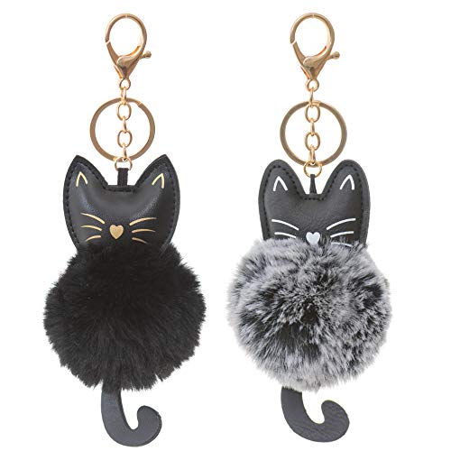 Product Cover 2 Pack Cute Novelty Black and Gray Kitty Cat Keychain Faux Fur Ball Pom Pom Key Chain Ring for Women Girls Bag Pendant (Black and Gray Cat)